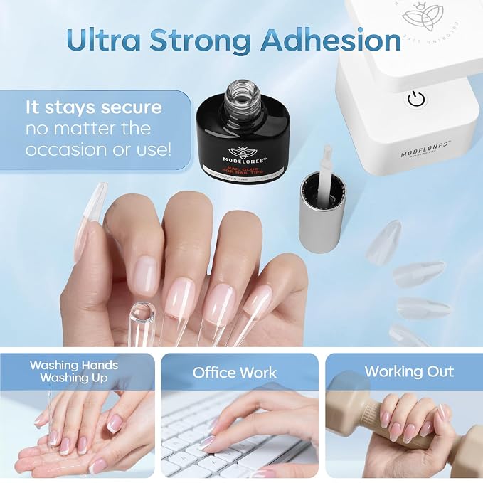 modelones 10 in One X Nail Gel Glue Gel Base Coat Brush On Nail Polish | Glue 15ml for Tips, Rhinestones, Blooming Art Hema-Free Gel Kit for Acrylic Tips U V Lamp Needed