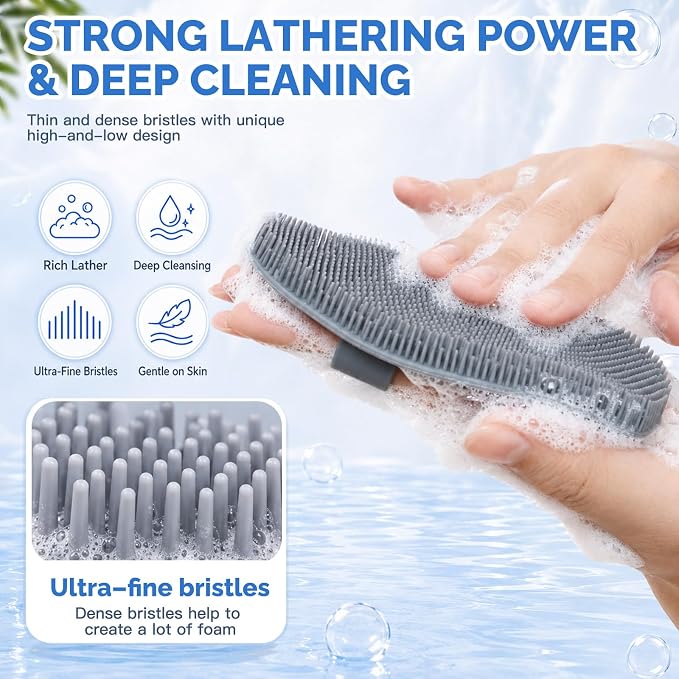 Manmihealth Silicone Back Scrubber & Soft Shower Brushes Set 2PCS Gray | Silicone Body Scrubber with Thin Dense Bristles & Bath Glove Brush Combination, Super Lathering & Exfoliating
