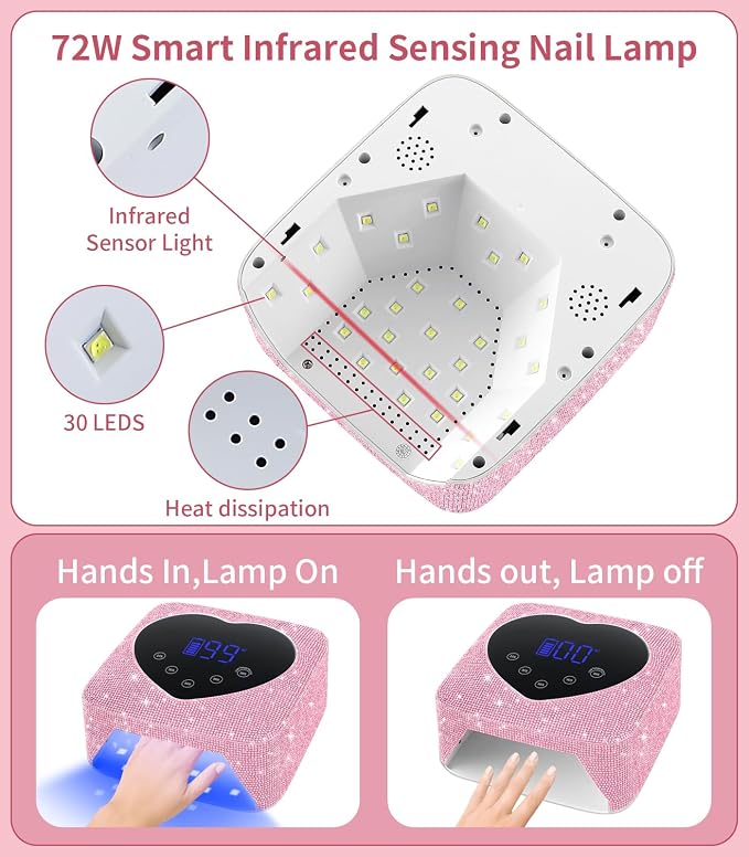 HUGMAPLE UV Light for Nails, 72W Cordless Rechargeable UV Nail Lamp | Fast Curing，Appearance of Pink Diamonds,with 5 Timer Setting, Touch Control & Auto Sensor,for All gel polish for Salon & Home
