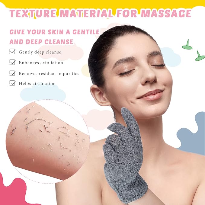4 Pack Exfoliating Washcloth Back Scrubber Set, 2 Exfoliating Body Scrubber Nylon Back Body Scrub Towel, 2 Pairs Shower Gloves for Women Men Bath Shower Exfoliation(Pink, Gray)