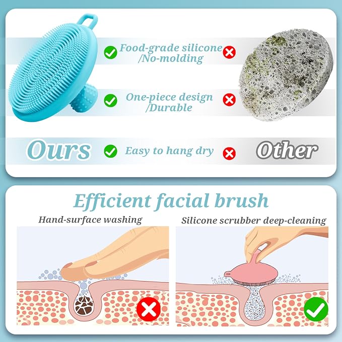 Silicone Face & Back Scrubber Set, Manual Face & Body Scrubber Exfoliator with Soft Bristles and Non-Slip Handle, Back Brush Bath Brush with Detachable Brush Head(2PCS Blue Set)