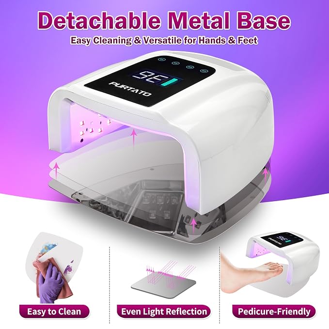 PURTATO Professional Rechargeable 96W UV LED Portable Cordless UV Light for Nail Lamp Machine with Removable Stainless Steel Bottom,4 Timer Setting and Smart Sensor Nail Dryer (White)