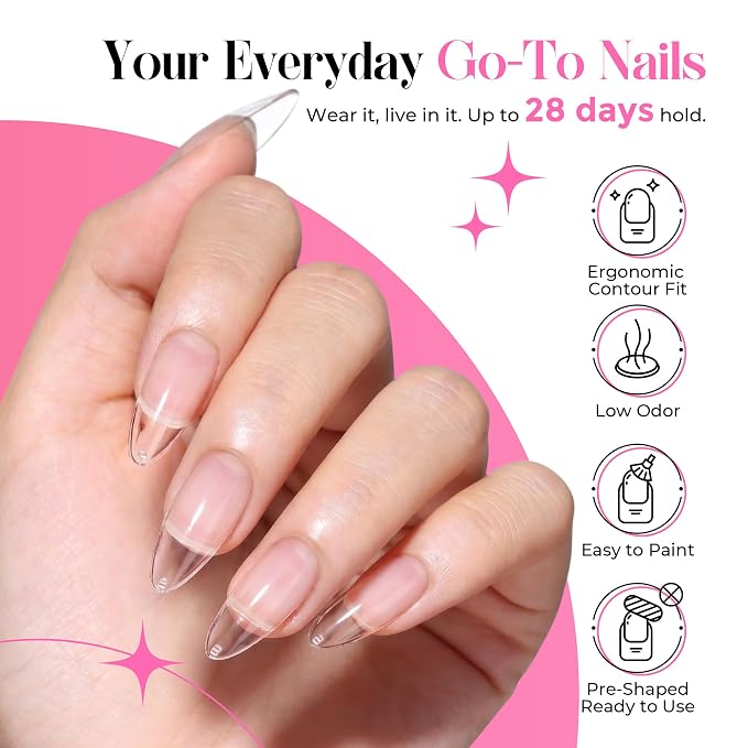 UNA GELLA Medium Almond Gel Nail Tips and Glue Kit, 216Pcs Pre-buffed Soft Gel Fake Nails with Air Dry Adhesive, Uv Lamp Free Complete Manicure Prep Kit for Beginners Extensions Press On Nails