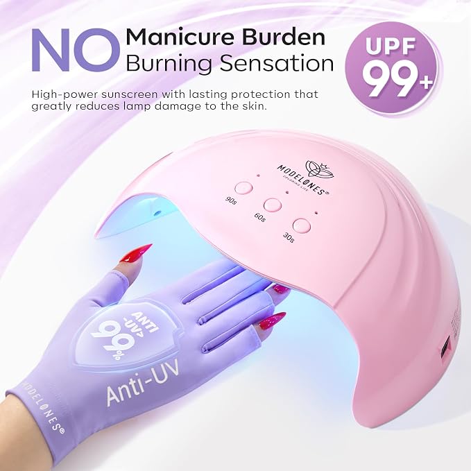 modelones UV Gloves for Gel Nail Lamp, Purple UV Gloves for Gel Manicures | Professional UPF50+ UV Protection Gloves for Manicures Art Skin Care Fingerless Glove for Women