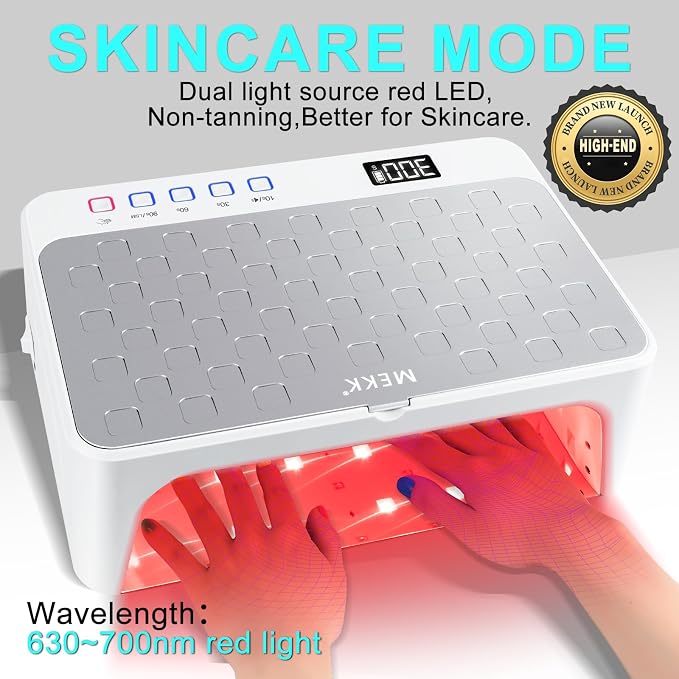 MEKK Luxury UV LED Nail Lamp with Red Light,Professional UV Nail Light | Skincare Mode, Low Heat, Cordless, Flash Cure, LCD Display, 48W 57 LED Beads, Two-Hand Design For Salon & Home Use-White