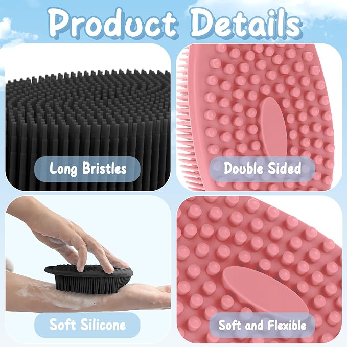 Silicone Bath Scrubber for Body, Silicone Scalp Scrubber & Mens Body Scrubber, Large Flat Head Design with Handle - Pink & Black, Loofah Exfoliating Body Scrubber for Women & Men