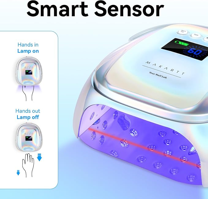 Makartt Professional Nail Lamp with Handle for Nail Artist Rechargeable | 30W Rechargable Cordless Nail Light with 45 LED Beads 4 Timers LCD Auto Sensor Fast Curing Gel Polish, Plating Silver