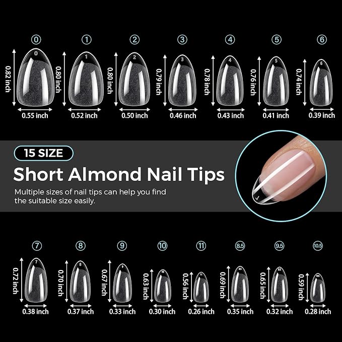 TOMICCA Short Almond Nail Tips, Pre-Shaped Half Matte Clear Full Cover Nail Extension Tips, 240PCS 15 Sizes, Gel Nail Tips for Acrylic/Gel Extensions, Natural Look