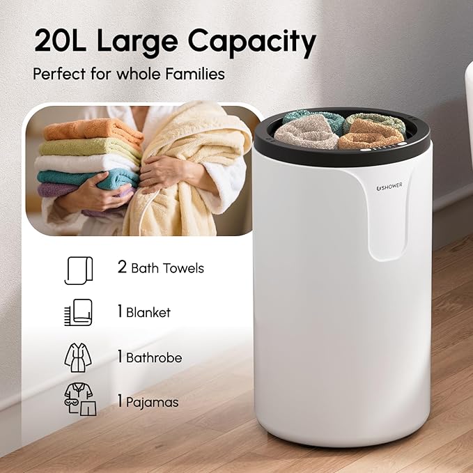 USHOWER Towel Warmers for Bathroom, 20L Large Towel Warmer Bucket for Spa & Massage, Auto Shut-Off Towel Heater Fits Two 40"x70" Oversized Towels, Blankets, Bathrobes, PJ's