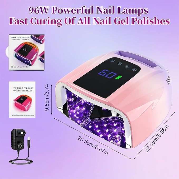96W Rechargeable UV LED Nail Lamp, Cordless UV Light for Nails with LCD Display Auto Sensor, 4 Timer Setting and Smart Sensor Nail Dryer,Nail Cure Light with Removable Bottom（Pink Purple）