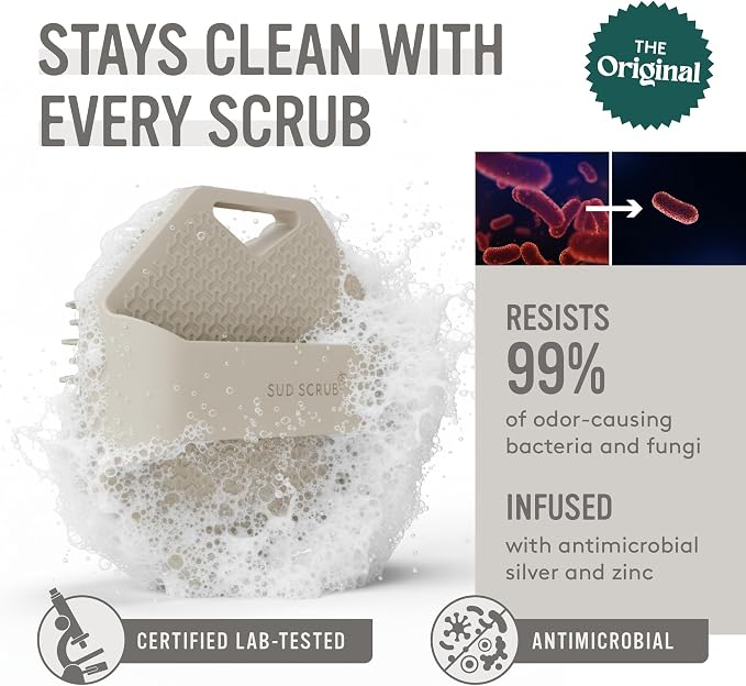 Sud Scrub® Antimicrobial Silicone Body Scrubber, Exfoliating Body Brush for Sensitive Skin, Antibacterial Shower Scrubber for Body, Bathroom Essentials for Men & Women, Clay