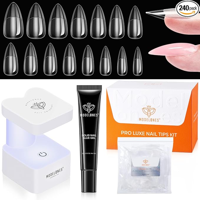 modelones Gel Nail Kit Almond 240pcs 15sizes Apex False Tips Glue & Lamp