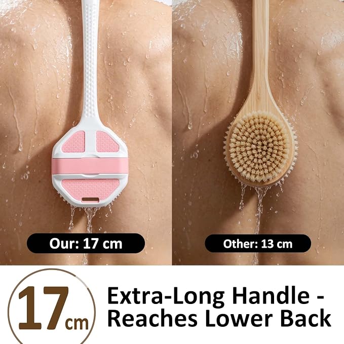 2 Pack Back Scrubber for Shower, Long-Handled Silicone Shower Brush, Back Brush with Stiff and Soft Bristles for Body Exfoliation and Massage, Back Scrubber for Man, Black & Pink
