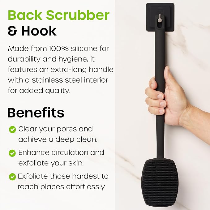 The Man Scrub Box - Complete Shower Scrubber Set for Men | Complete face, body and back shower scrub set with hooks for exfoliation, smoother-feeling skin and storage.
