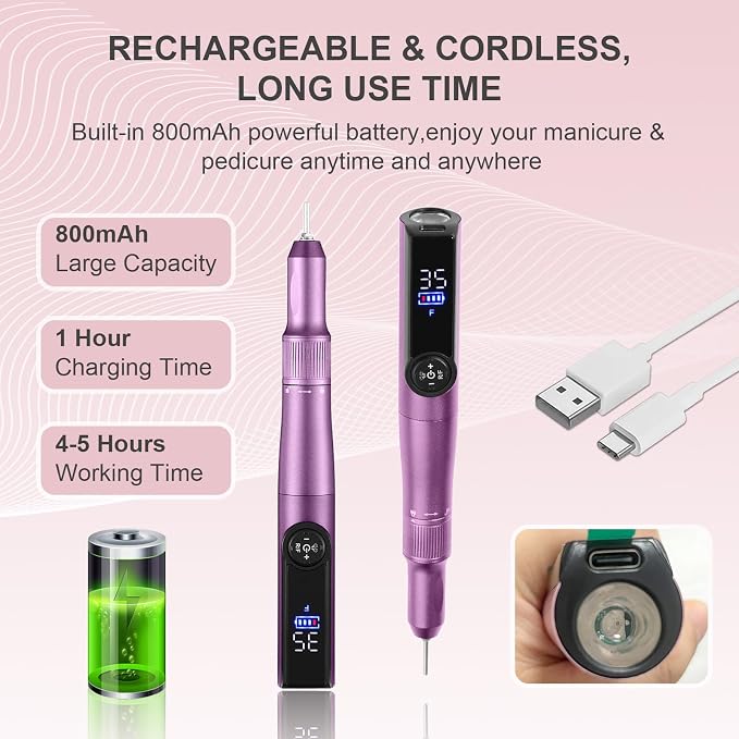 Electric Nail Drill Rechargeable Professional,2 in 1 Nail Grinder & UV Lamp Combo,35000 RPM,Portable Cordless Nail File Machine for Acrylic Nails,Gel Polishing,Shaping Nails,Manicure Art Tools