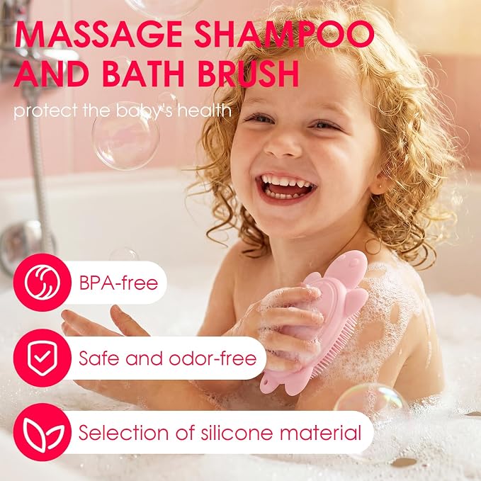 Baby Shower Brush,Kids Silicone Body and Back Exfoliating Mitt - Soft Bristles, Gentle Exfoliation, Cute Turtle Design Makes Children Love Bathing(Pink)