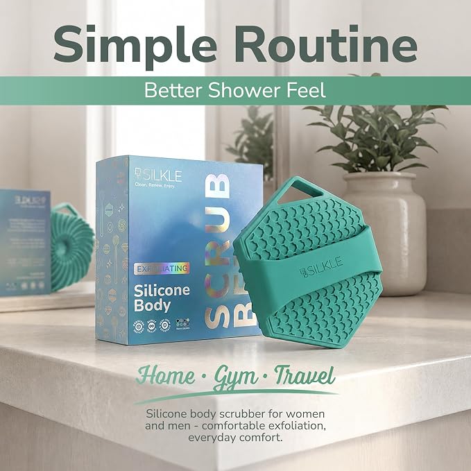 SILKLE Silicone Body Scrubber Exfoliator, Shower Scrubber & Silicone Loofah | Exfoliating Body Scrubber, Non-Slip Grip - Silicone Bath Brush & Shower Brush for Body, Quick-Rinse One-Piece Design - Green