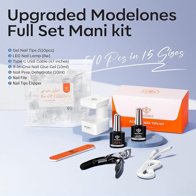 modelones X Nail Gel Kit , 9-in-One Glue Prep Dehydrator UV Light Clipper | 510Pcs Short CoffinFake Nails 15Sizes Pre-shaped Half Matte Press on Short Coffin Tips for DIY Salon