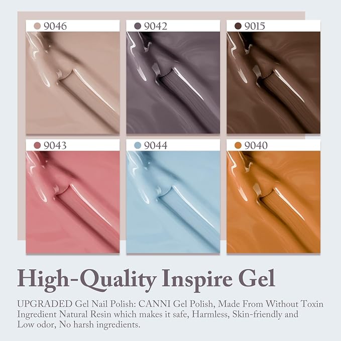 CANNI 9ML Gel Nail Polish Set, 6 Brown Beige Shades UV LED Soak Off Gel | Smooth Application • Highly Pigmented • Glossy Finish • Long-Lasting Wear • Nail Art • Salon DIY Manicure • Easy Application