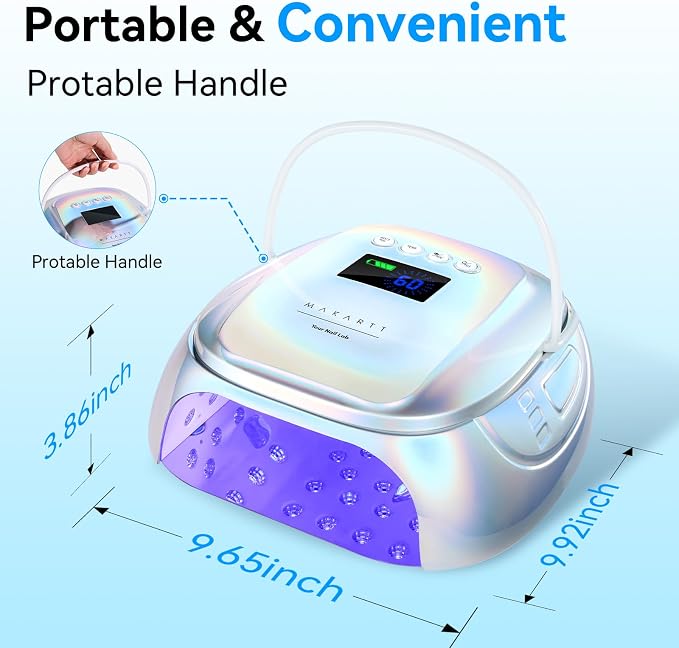 Makartt Professional Nail Lamp with Handle for Nail Artist Rechargeable | 30W Rechargable Cordless Nail Light with 45 LED Beads 4 Timers LCD Auto Sensor Fast Curing Gel Polish, Plating Silver