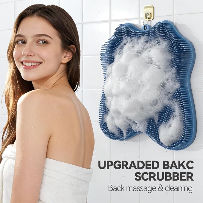 ozner Silicone Shower Foot Scrubber Mat,Back Washer Bath Wash Pad Exfoliating & Massage, Wall Mounted Slip Strong Suction Cups for Use in Cleaner Men and Women (Blue)