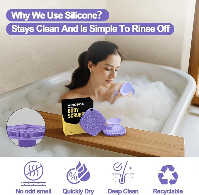 Silicone Body Scrubber, Bath Brush,Gentle Texture Exfoliating Body Scrubber for Men and Women On Sensitive Skin, Soft Scrubber Builds Up Lather, Deep Skin Clean (Purple)