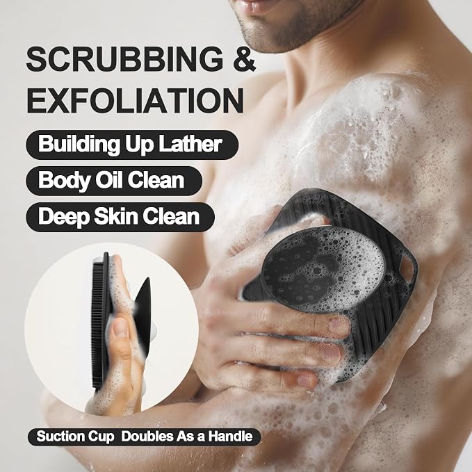 Silicone Body Scrubber, Bath Brush, Gentle Texture Exfoliating Body Scrubber for Men and Women On Sensitive Skin, Soft Scrubber Produces Build Up Lather, Deep Skin Clean (Black)