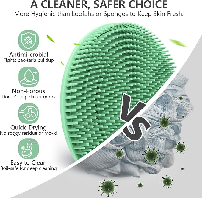 Silicone Body & Face Scrubber Set 3 Pack, BEAUTAIL Gentle Shower Scrubber | Hygienic Silicone Loofah, Easy-Grip Handle, Soft Exfoliating Bath Brush for Sensitive Skin, Women, Men & Kids (Black+Green)