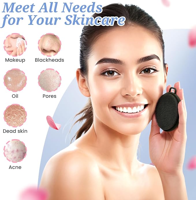 Silicone Back/Body/Face Scrubber & Soft Bath Glove Set 4PCS, Gentle Exfoliating Back & Body Scrubber with Dual-Side Brush Head, Hand-fit Bath Glove & Face Scrubber for Deep Cleaning(Black-4PC)