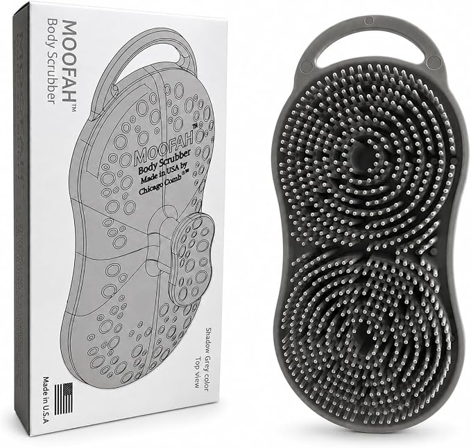 MOOFAH™ Body Scrubber- Deep Cleansing, Gentle Exfoliation for Smoother Skin, Soft-Touch Bristles, Made in USA by Chicago Comb, Easy Rinse, Quick-Dry (Shadow Grey)