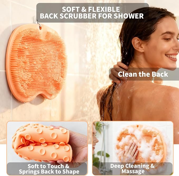 Shower Foot Scrubber Mat with 3 Types of Upgraded Brushes for Massage, Shower Back Scrubber with Micro Suction Cups,Back Washer Exfoliating Bath,Shower Scrubber for Body at Home Spa(Orange)
