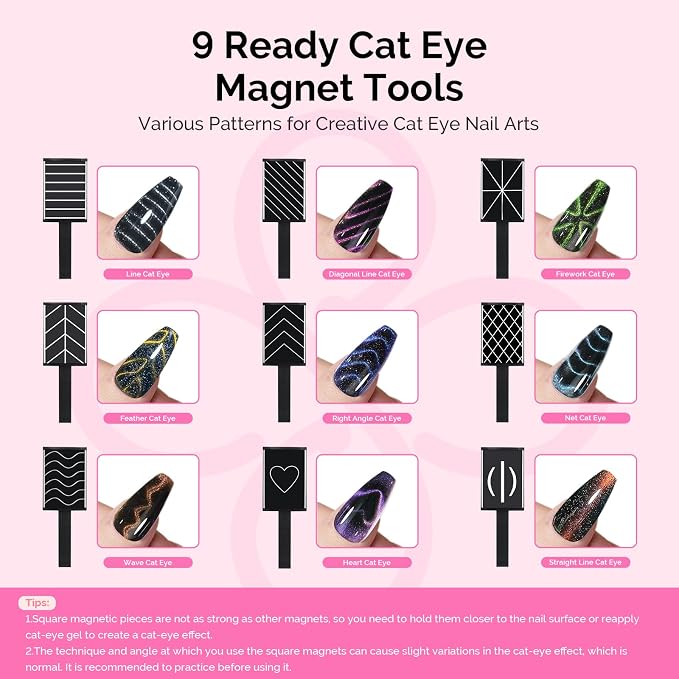 MelodySusie Nail Magnet Set, 16PCS Cat Eye Gel Nail Polish Magnets, Round Square Double Ended Magnet Stick, Cat Eye Magnet for Nails, Strong Magnetic Nail Polish Magnets Nail Design Tools