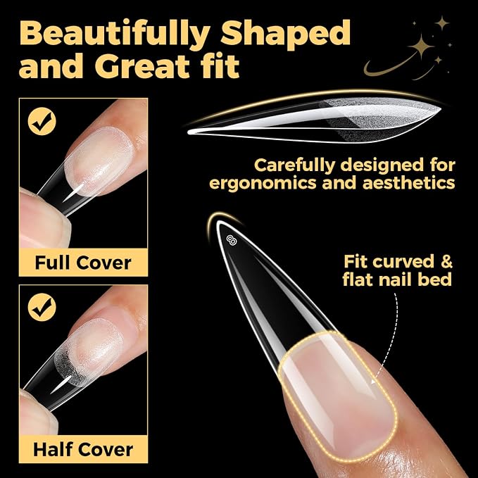 UNA GELLA Long Stiletto Gel Nail Tips 600Pcs Long Stiletto Almond Nail Tips | Pre Etched Clear Fake Nails Press on Nails No C Curve for DIY Art Salon at Home 12 Sizes