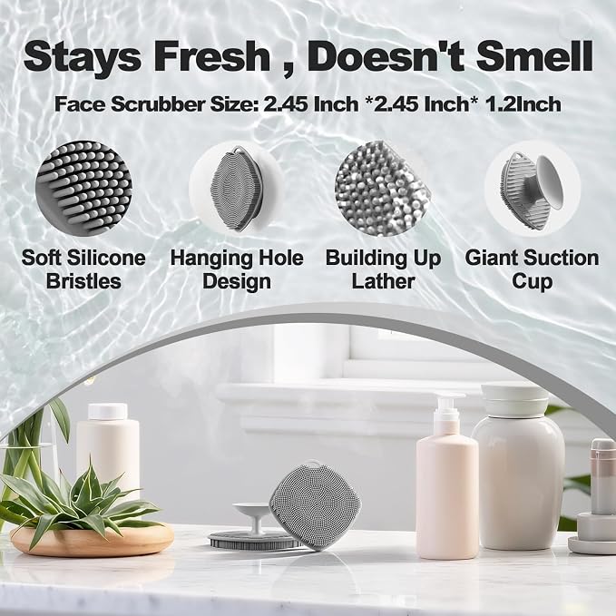 2 Pack Face Scrubbers, Silicone Face Scrubber Soft Bristles, Gentle Lather, Exfoliating & Deep Cleaning for Sensitive Skin, Giant Suction Cup Stick Securely, Easy to Store (Gray)