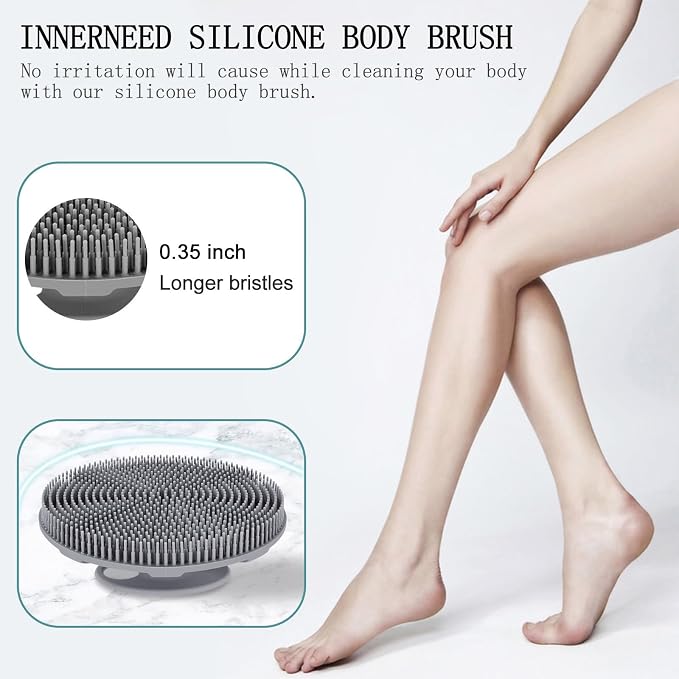 INNERNEED Food-Grade Soft Silicone Body Scrubber Shower Brush, Gray | Handheld Cleansing Skin Brush, Gentle Exfoliating and Lather Well, Hygienic Bath Scrub for Women, Men