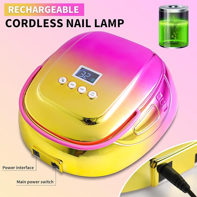 LIMEGIRL Cordless Gel Nail Dryer - 126W Fast Curing UV Light for Nails with 45 Lamp Beads, Metal Mirror Base & Professional Manicure Pedicure Large Size, Portable Rechargeable Gel Lamp for Salon Use