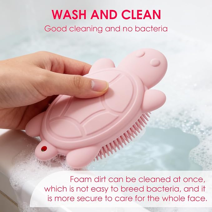 Baby Shower Brush,Kids Silicone Body and Back Exfoliating Mitt - Soft Bristles, Gentle Exfoliation, Cute Turtle Design Makes Children Love Bathing(Pink)