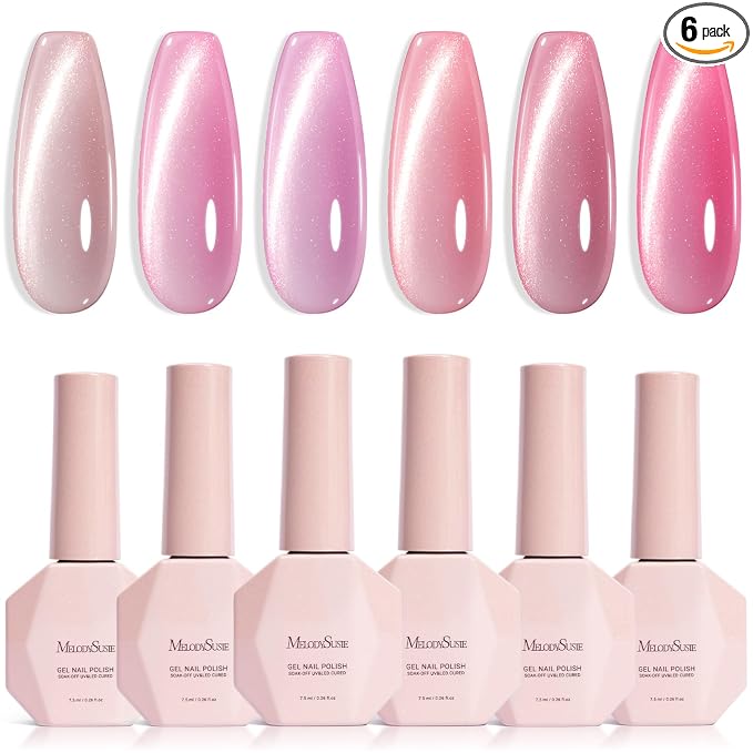 MelodySusie Pink Gem Cat Eye Gel Set Cat Eye Gel Nail Polish Set 6 Pcs, 0.26 Fl Oz Glitter Holographic Magnetic Nail Polish with Magnet, UV Nail Polish for Nail Art Manicure Salon DIY at Home