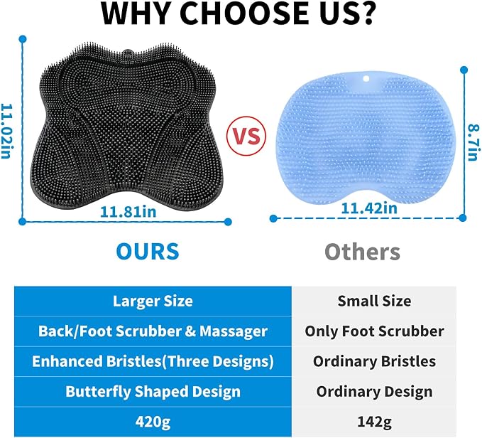 Show Foot Scrubber Mat & Silicone Back Scrubber with Butterfly Form Design,3 Brush Designs for Deep Cleaning Shower Foot Scrubber Mat, Wall Mounted Back Scrubber Silicone Bath (Black)