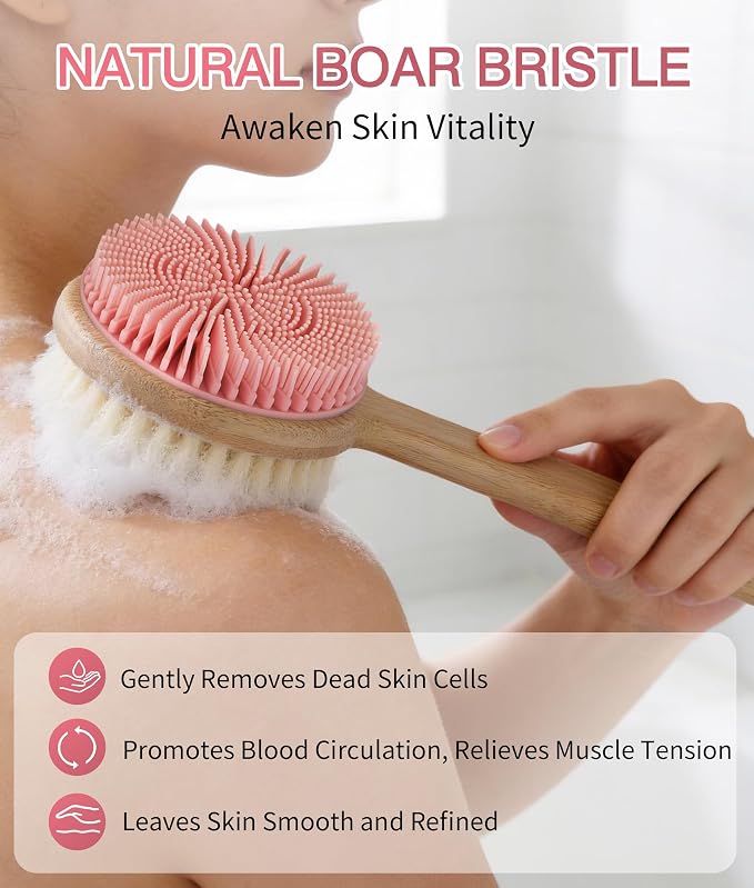 Back Scrubber for Shower - Double-Sided Silicone and Super-Dense Bristles for Deep Cleaning & Exfoliation, Bamboo Long Handle with Wider Anti-Slip Grip, Rich Foam, Durable (Pink)
