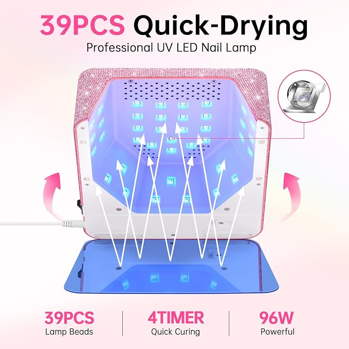UV LED Nail Lamp, Plug-in Nail Dryer UV Light for Gel Nails Salon & Home | 39 Beads | 96W | Auto Sensor | Detachable Base | 4 Timers | Rhinestone | Pink Sparkly