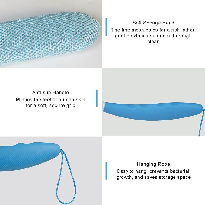 Back Scrubber for Shower,15.35" Long Handle Shower Brush for Body | Back Brush for Shower for Men Women, Long Handled Bath Sponge for Deep Clean,Exfoliating,Anti-Slip Curve Handled