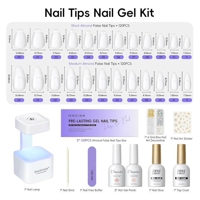 PEACECOLOR Gel Nail Kit, Short Medium Almond,240Pcs 12 Sizes Nail Tips with Nail Glue Mini Nail Lamp Clear Pink Jelly Gel Polish Pre-Etched Press on Fake Nail Extension Set DIY Gifts for Women