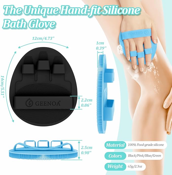 New Silicone Bath Glove with Straps, 360° Anti-Slip & Enlarged Exfoliating Body Scrubber for Rich Foaming Deep Cleaning, No-Grip & Hand-fit Shower Scrubber for All Skin Types(Black+Blue)