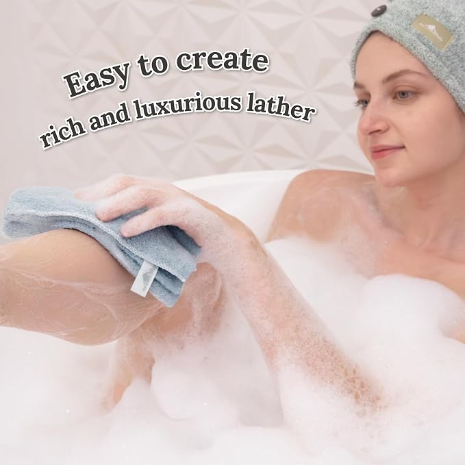 myHomeBody Exfoliating Washcloths for Showering, Sky Blue, Set of 2 | Stretches for Hard-to-Reach Areas, Loofah Body Scrubber Exfoliator, Back Shower Towel, Bath Washer for Exfoliation