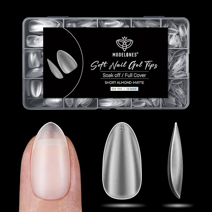 Modelones Short Almond Nail Tips 510pcs Full Matte Soft Fake Press On Nails | Full Cover Clear Acrylic Gel Kit False Press on Nails for Extension DIY Salon 15Sizes