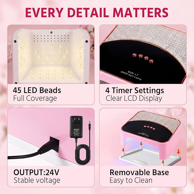 268W UV LED Nail Lamp with 4 Timers for Gel Nails, Pink | Gel nail dryer for home salon use. Ideal for DIY nail art enthusiasts and beginners with multiple timer settings