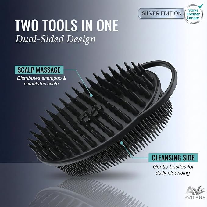 Avilana Silicone Body Scrubber for Shower – SGS Certified Food Grade Dual Sided Bath Brush, Gentle Exfoliating Silicone Loofah Alternative, Sensitive Skin Body Brush (Black-Silver, Scalp)