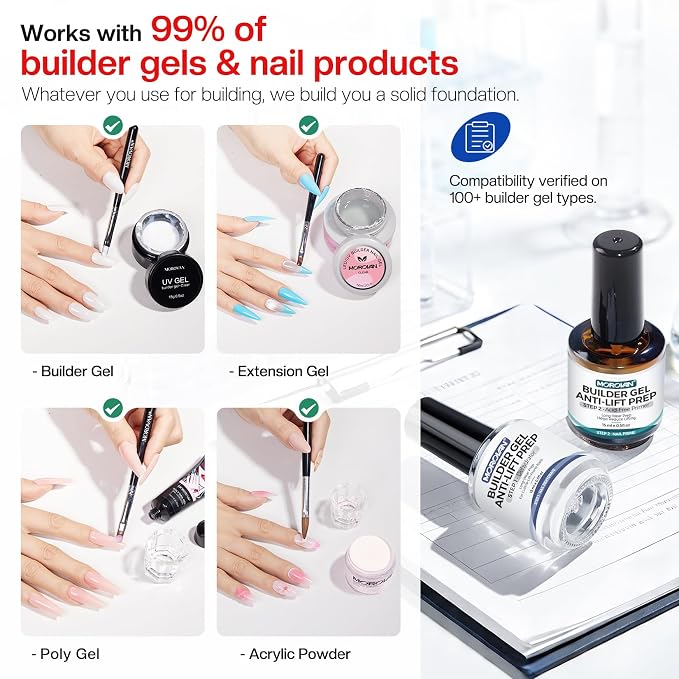 Morovan Nail Prep Dehydrator and Primer: Only for Builder Gel | Hema-Free Dehydrate for Anti-Lifting | Acid-Free Bond Primer for 28+ Days Long Lasting Adhesion | 15ml Nail Supplies Kit