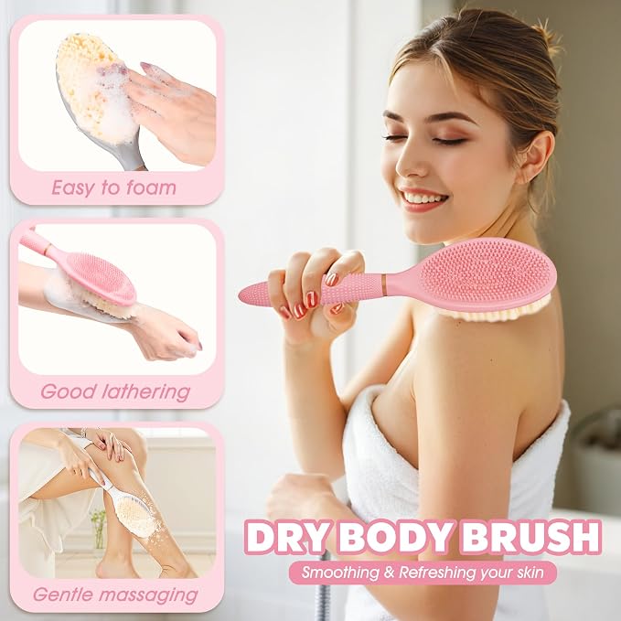 New Back Scrubber Anti-Slip for Shower, 18.9‘’ Adjustable Shower Back Scrubber with Dual-Side Head & Soft Bristles, Extra-Long Shower Brush Bath Brush for Lathering Cleansing(Pink-L)